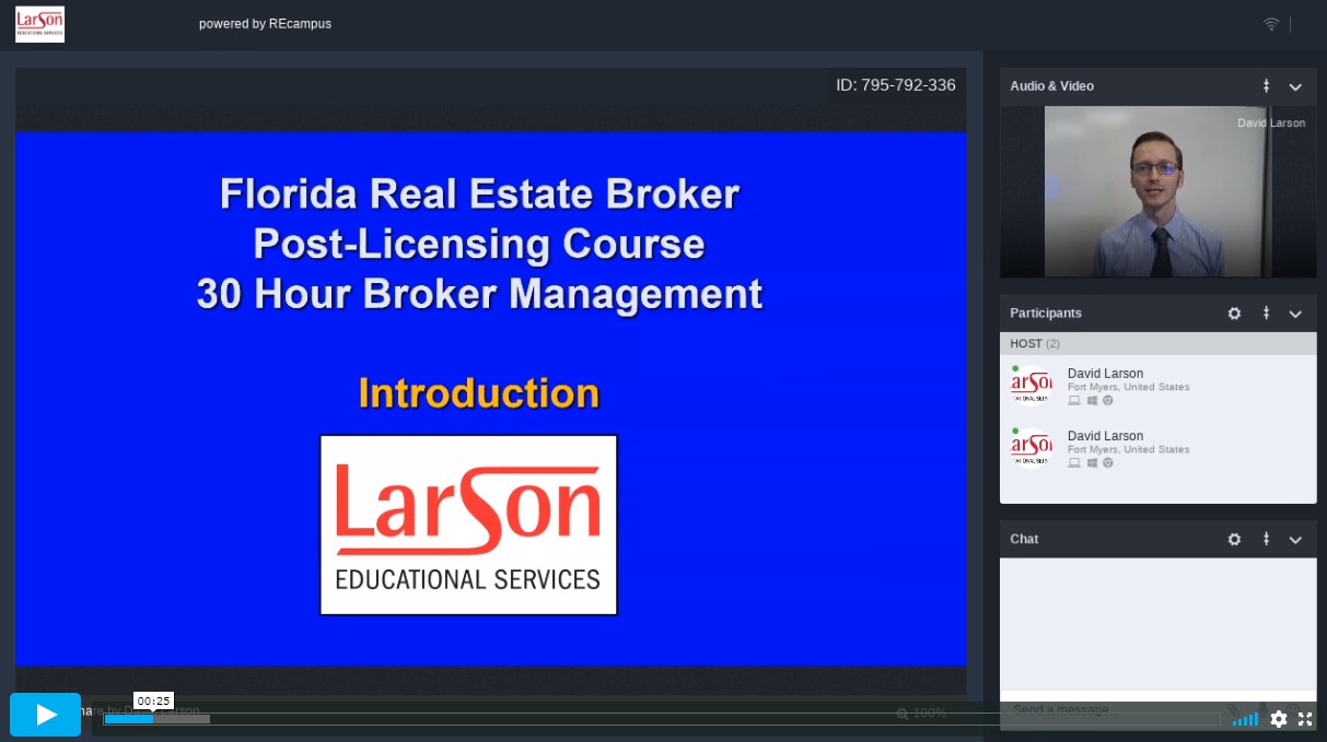screenshot of LarsonLive video, showing slides, instructor, and chat